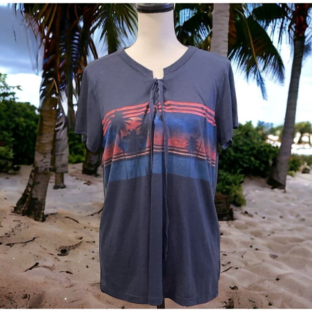 Jessica Simpson Womens Knit Top Size L Drawstring Tie Blue Tropical Print